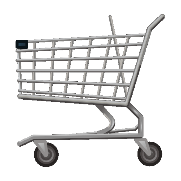 A digital illustration of a standard metal shopping cart with four wheels. The cart has a grid-like basket and a handle on top. It is shown from the side and is empty. Perfect for eCommerce platforms, the background is plain and transparent.